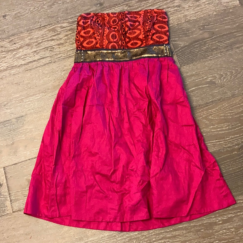 Floreat Pink and Red Strapless Party Dress with Metallic Waist